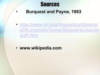 SourcesBurquest and Payne, 1993http://www.sil.org/linguistics/GlossaryOfLinguisticTerms/GlossaryLinguisticsP.htmwww.wikipedia.com