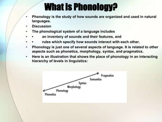 What is Phonology?Phonology is the study of how sounds are organized and used in natural languages.DiscussionThe phonological system of a language includes•	an inventory of sounds and their features, and•	rules which specify how sounds interact with each other.Phonology is just one of several aspects of language. It is related to other aspects such as phonetics, morphology, syntax, and pragmatics.Here is an illustration that shows the place of phonology in an interacting hierarchy of levels in linguistics: