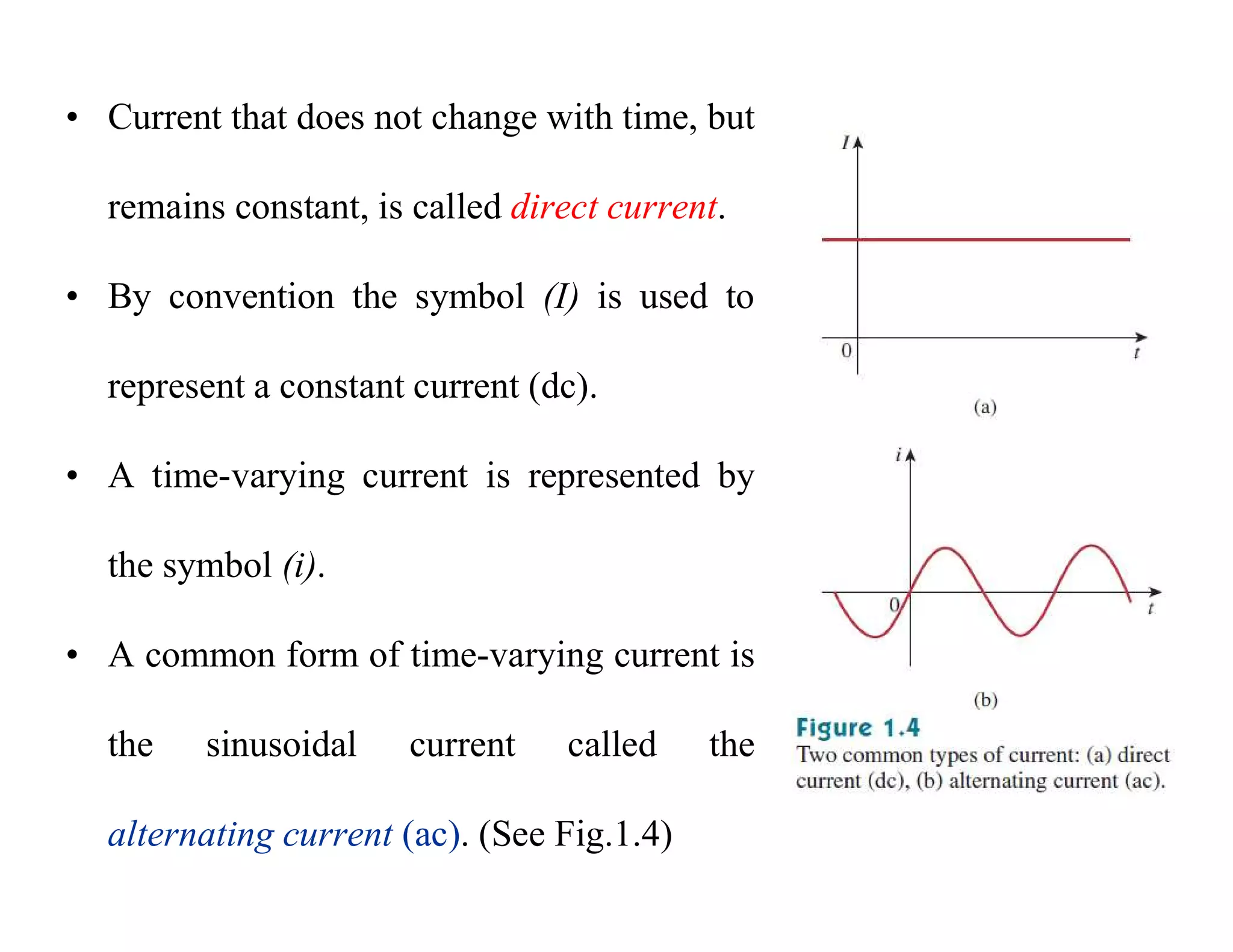 • Current that does not change with time, but
remains constant, is called direct current.
• By convention the symbol (I) is used to
represent a constant current (dc).
• A time-varying current is represented by
the symbol (i).
• A common form of time-varying current is
the sinusoidal current called the
alternating current (ac). (See Fig.1.4)
 
