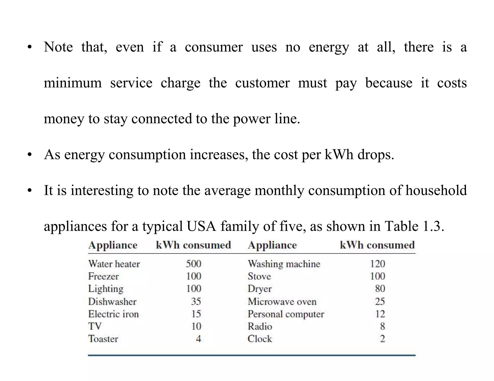 • Note that, even if a consumer uses no energy at all, there is a
minimum service charge the customer must pay because it costs
money to stay connected to the power line.
• As energy consumption increases, the cost per kWh drops.
• It is interesting to note the average monthly consumption of household
appliances for a typical USA family of five, as shown in Table 1.3.
 
