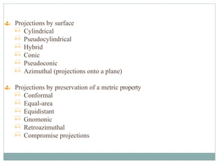  Projections by surface
 Cylindrical
 Pseudocylindrical
 Hybrid
 Conic
 Pseudoconic
 Azimuthal (projections onto a plane)
 Projections by preservation of a metric property
 Conformal
 Equal-area
 Equidistant
 Gnomonic
 Retroazimuthal
 Compromise projections
 