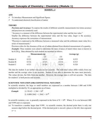 4
SESSION – 1
AIM
 To introduce Measurement and Significant figures
 To understand chemical classification of matter
THEORY
Precision and Accuracy: To express the results of different scientific measurements two terms accuracy
and precision are commonly used.
“Accuracy is a measure of the difference between the experimental value and the true value.”
Smaller the difference between the experimental value and the true value, larger is the accuracy.
Accuracy expresses the correctness of measurement.
“Precision is expressed as the difference between a measured value and the arithmatic mean value for a
series of measurements.”
Precision refers for the closeness of the set of values obtained from identical measurement of a quantity.
Example: Three students were asked to determine the mass of piece of metal where mass is known to
be 0.520 g. Data obtained by each student are recorded as follows.
Measurements (g) Average (g)
(1) (2) (3)
Student A 0.521 0.515 0.509 0.515
Student B 0.516 0.515 0.514 0.515
Student C 0.521 0.520 0.520 0.520
The data for student A are neither very precise nor accurate. The individual values differ widely from one
another and the average value is not accurate. Student B was able to determine the mass more precisely.
The values deviate, but little from one another. However, the average mass is still not accurate. The data
for student C is both precise and accurate.
SCIENTIFIC NOTATION (OR) EXPONENTIAL NOTATION
In scientific notation, the large or small numbers are expressed as a number between 1.000 and 9.999
multiplied or divided by 10, an appropriate no.of times.
Example 1) 138.42 = 1.384 × 102
2) 0.00013842 = 1.3842 × 10-4
In scientific notation, a no. is generally expressed in the form of N × 10n. Where, N is a no between1.000
and 9.999 and n is exponent.
(a) To transform a number larger than 9.999... to scientific rotation, the decimal point there is only one
nonzero digit before the decimal point. If the decimal point is moved x places to the left, then exponent
n = x
Basic Concepts of Chemistry : Chemistry (Module 1)
 