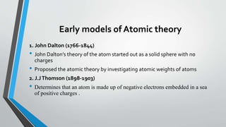 Early models of Atomic theory
1. John Dalton (1766-1844)
• John Dalton’s theory of the atom started out as a solid sphere with no
charges
• Proposed the atomic theory by investigating atomic weights of atoms
2. J.JThomson (1898-1903)
• Determines that an atom is made up of negative electrons embedded in a sea
of positive charges .
 