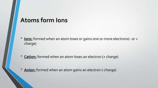Atoms form Ions
• Ions: formed when an atom loses or gains one or more electrons(- or +
charge)
• Cation: formed when an atom loses an electron (+ charge)
• Anion: formed when an atom gains an electron (-charge)
 