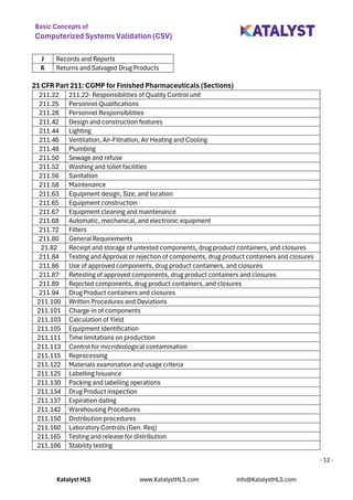 Basic Concepts of
Computerized Systems Validation (CSV)
Katalyst HLS www.KatalystHLS.com info@KatalystHLS.com
- 12 -
J Records and Reports
K Returns and Salvaged Drug Products
21 CFR Part 211: CGMP for Finished Pharmaceuticals (Sections)
211.22 211.22- Responsibilities of Quality Control unit
211.25 Personnel Qualifications
211.28 Personnel Responsibilities
211.42 Design and construction features
211.44 Lighting
211.46 Ventilation, Air-Filtration, Air Heating and Cooling
211.48 Plumbing
211.50 Sewage and refuse
211.52 Washing and toilet facilities
211.56 Sanitation
211.58 Maintenance
211.63 Equipment design, Size, and location
211.65 Equipment construction
211.67 Equipment cleaning and maintenance
211.68 Automatic, mechanical, and electronic equipment
211.72 Filters
211.80 General Requirements
21.82 Receipt and storage of untested components, drug product containers, and closures
211.84 Testing and Approval or rejection of components, drug product containers and closures
211.86 Use of approved components, drug product containers, and closures
211.87 Retesting of approved components, drug product containers and closures
211.89 Rejected components, drug product containers, and closures
211.94 Drug Product containers and closures
211.100 Written Procedures and Deviations
211.101 Charge-in of components
211.103 Calculation of Yield
211.105 Equipment Identification
211.111 Time limitations on production
211.113 Control for microbiological contamination
211.115 Reprocessing
211.122 Materials examination and usage criteria
211.125 Labelling Issuance
211.130 Packing and labelling operations
211.134 Drug Product inspection
211.137 Expiration dating
211.142 Warehousing Procedures
211.150 Distribution procedures
211.160 Laboratory Controls (Gen. Req)
211.165 Testing and release for distribution
211.166 Stability testing
 