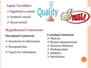Input Variables:
 Significative stimuli
 Symbolic stimuli
 Social stimuli
Hypothetical Constructs:
Perceptual Constructs
 Sensitivity to information
 Perceptual bias
 Search for information
Learning Constructs
 Motives
 Brand comprehension
 Decision Mediator
 Predisposition
 Inhibitor
 Satisfaction
 