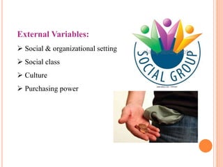External Variables:
 Social & organizational setting
 Social class
 Culture
 Purchasing power
 