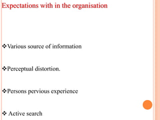 Expectations with in the organisation
Various source of information
Perceptual distortion.
Persons pervious experience
 Active search
 