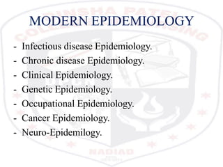MODERN EPIDEMIOLOGY
- Infectious disease Epidemiology.
- Chronic disease Epidemiology.
- Clinical Epidemiology.
- Genetic Epidemiology.
- Occupational Epidemiology.
- Cancer Epidemiology.
- Neuro-Epidemilogy.
 