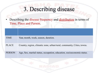 3. Describing disease
TIME Year, month, week, season, duration.
PLACE Country, region, climatic zone, urban/rural, community, Cities, towns.
PERSON Age, Sex, marital status, occupation, education, socioeconomic status.
• Describing the disease frequency and distribution in terms of
Time, Place and Person.
 