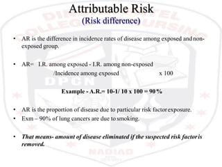 Attributable Risk
(Risk difference)
• AR is the difference in incidence rates of disease among exposed and non-
exposed group.
• AR= I.R. among exposed - I.R. among non-exposed
/Incidence among exposed x 100
Example - A.R.= 10-1/ 10 x 100 = 90%
• AR is the proportion of disease due to particular risk factorexposure.
• Exm – 90% of lung cancers are due to smoking.
• That means- amount of disease eliminated if the suspected risk factoris
removed.
 