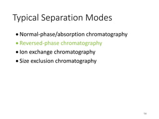 Typical Separation Modes
• Normal-phase/absorption chromatography
• Reversed-phase chromatography
• Ion exchange chromatography
• Size exclusion chromatography
14
 