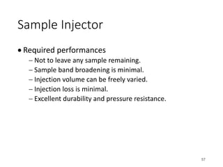 Sample Injector
• Required performances
- Not to leave any sample remaining.
- Sample band broadening is minimal.
- Injection volume can be freely varied.
- Injection loss is minimal.
- Excellent durability and pressure resistance.
57
 
