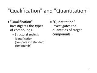 "Qualification" and "Quantitation"
• "Qualification"
Investigates the types
of compounds.
- Structural analysis
- Identification
(compares to standard
compounds)
• "Quantitation"
Investigates the
quantities of target
compounds.
71
 
