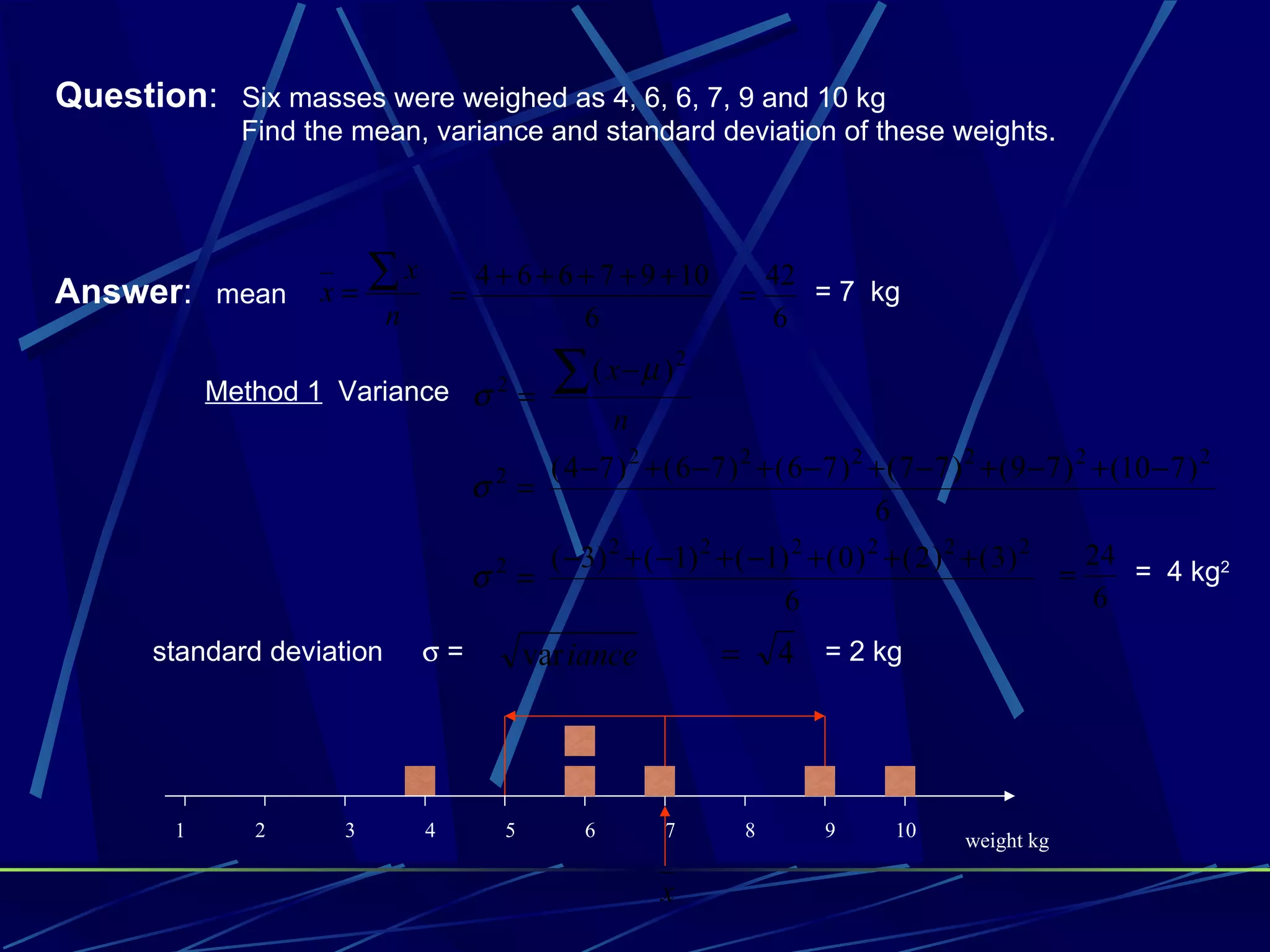 Question: Six masses were weighed as 4, 6, 6, 7, 9 and 10 kg
              Find the mean, variance and standard deviation of these weights.




Answer: mean        x=
                          ∑x        =
                                        4 + 6 + 6 + 7 + 9 + 10
                                                                        =
                                                                            42
                                                                               = 7 kg
                            n                     6                         6

            Method 1 Variance σ 2 =              ∑   ( x−µ )2
                                                        n
                                          2 ( 4 − 7 ) 2 + ( 6 − 7 ) 2 + ( 6 − 7 ) 2 + ( 7 − 7 ) 2 + ( 9 − 7 ) 2 + (10 − 7 ) 2
                                        σ =
                                                                                    6
                                         2  ( −3) 2 + ( −1) 2 + ( −1) 2 + ( 0 ) 2 + ( 2 ) 2 + ( 3) 2           24
                                        σ =                                                                =        = 4 kg2
                                                                         6                                      6
       standard deviation       σ=             var iance            =       4 = 2 kg




        1      2      3         4          5        6        7          8      9       10      weight kg

                                                             x
 