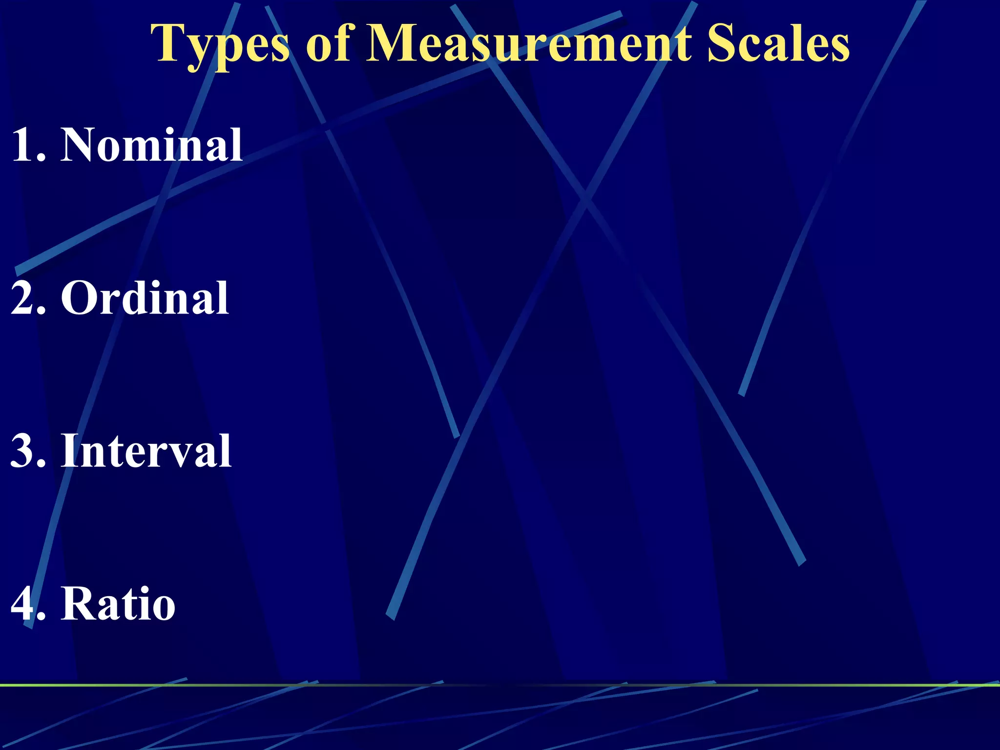 Types of Measurement Scales
1. Nominal


2. Ordinal


3. Interval


4. Ratio
 