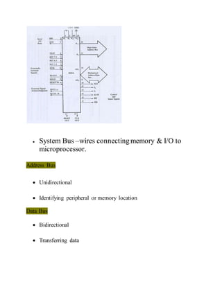  System Bus –wires connectingmemory & I/O to
microprocessor.
Address Bus
 Unidirectional
 Identifying peripheral or memory location
Data Bus
 Bidirectional
 Transferring data
 