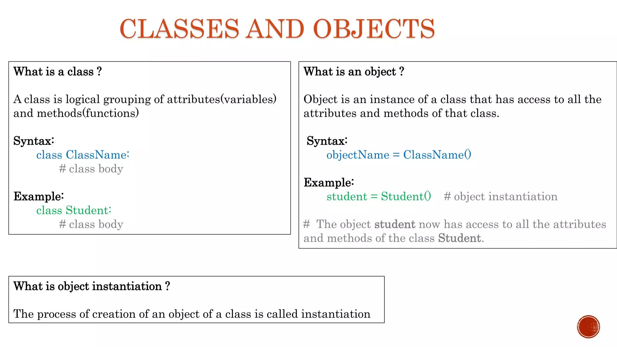 What is a class ?
A class is logical grouping of attributes(variables)
and methods(functions)
Syntax:
class ClassName:
# class body
Example:
class Student:
# class body
What is an object ?
Object is an instance of a class that has access to all the
attributes and methods of that class.
Syntax:
objectName = ClassName()
Example:
student = Student() # object instantiation
# The object student now has access to all the attributes
and methods of the class Student.
What is object instantiation ?
The process of creation of an object of a class is called instantiation
CLASSES AND OBJECTS
 