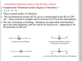  Fundamental Vibrational modes (degrees of freedom) =
 3 x 3 – 5 = 4
 These normal modes of vibration:
 The asymmetrical stretch of CO2 gives a strong band in the IR at 2350
cm –1 (may noticed in samples due to presence of CO2in the atmosphere).
 The two scissoring or bending vibrations are equivalent and therefore,
have the same frequency and are said to be degenerate , appearing in an
IR spectrum at 666 cm-1.
FUNDAMENTAL VIBRATIONAL MODES OF CO2 (3 ATOMS –LINEAR)
 