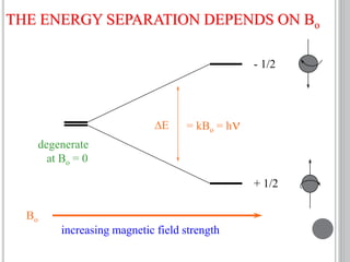 Bo
DE
+ 1/2
- 1/2
= kBo = hn
degenerate
at Bo = 0
increasing magnetic field strength
THE ENERGY SEPARATION DEPENDS ON Bo
 