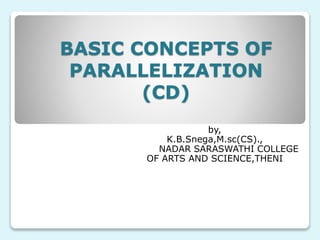 BASIC CONCEPTS OF
PARALLELIZATION
(CD)
by,
K.B.Snega,M.sc(CS).,
NADAR SARASWATHI COLLEGE
OF ARTS AND SCIENCE,THENI
 