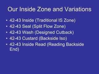Our Inside Zone and Variations 42-43 Inside (Traditional IS Zone) 42-43 Seal (Split Flow Zone) 42-43 Wash (Designed Cutback) 42-43 Custard (Backside Iso) 42-43 Inside Read (Reading Backside End) 