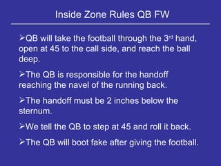 Inside Zone Rules QB FW QB will take the football through the 3 rd  hand, open at 45 to the call side, and reach the ball deep. The QB is responsible for the handoff reaching the navel of the running back. The handoff must be 2 inches below the sternum. We tell the QB to step at 45 and roll it back. The QB will boot fake after giving the football. 
