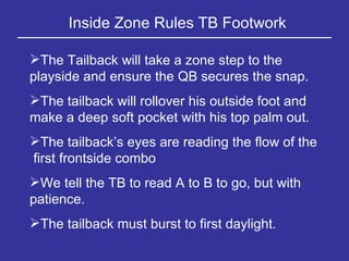 Inside Zone Rules TB Footwork The Tailback will take a zone step to the playside and ensure the QB secures the snap. The tailback will rollover his outside foot and make a deep soft pocket with his top palm out. The tailback’s eyes are reading the flow of the  first frontside combo We tell the TB to read A to B to go, but with patience. The tailback must burst to first daylight. 