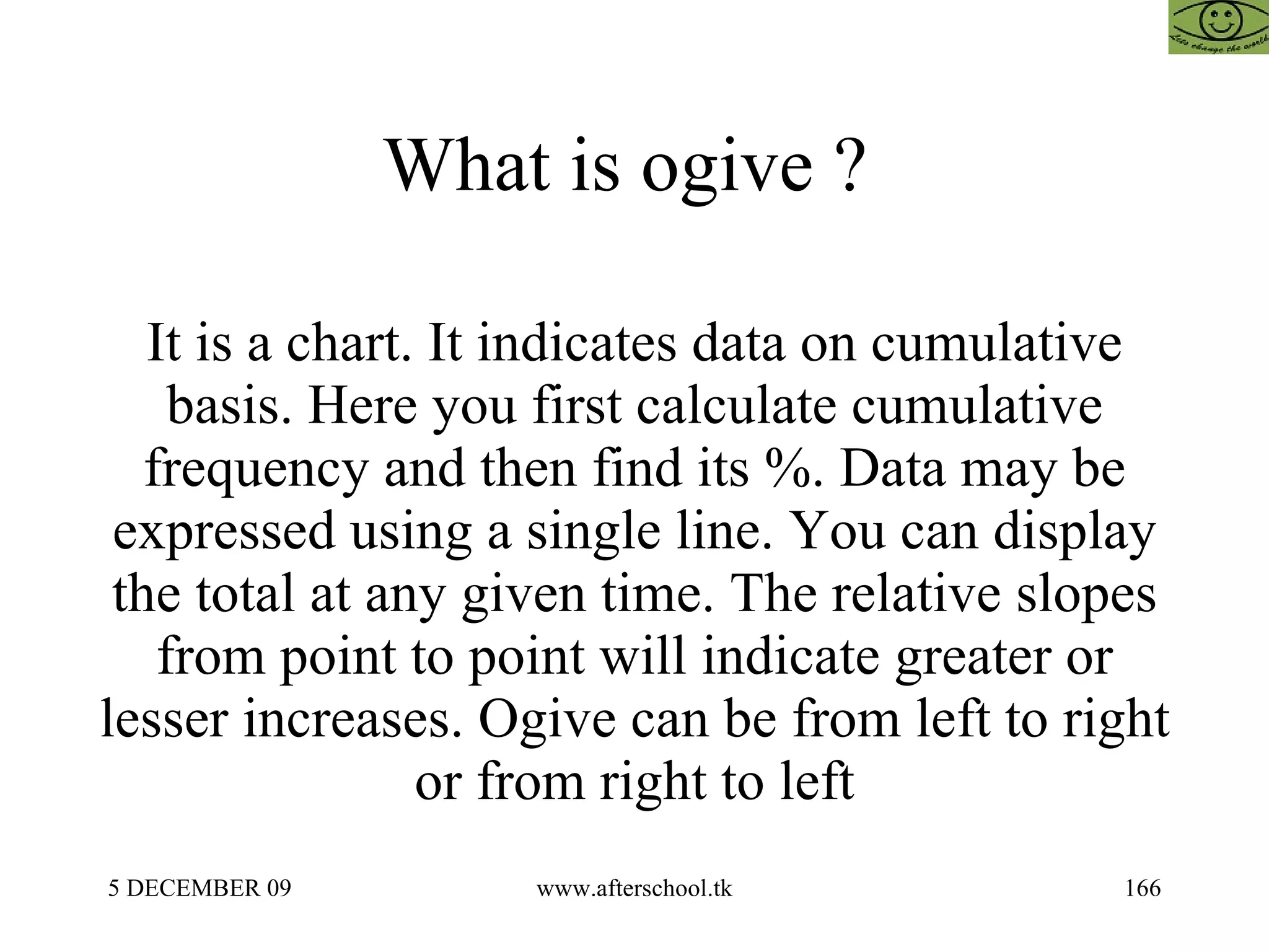 What is ogive ?  It is a chart. It indicates data on cumulative basis. Here you first calculate cumulative frequency and then find its %. Data may be expressed using a single line. You can display the total at any given time. The relative slopes from point to point will indicate greater or lesser increases. Ogive can be from left to right  or from right to left  