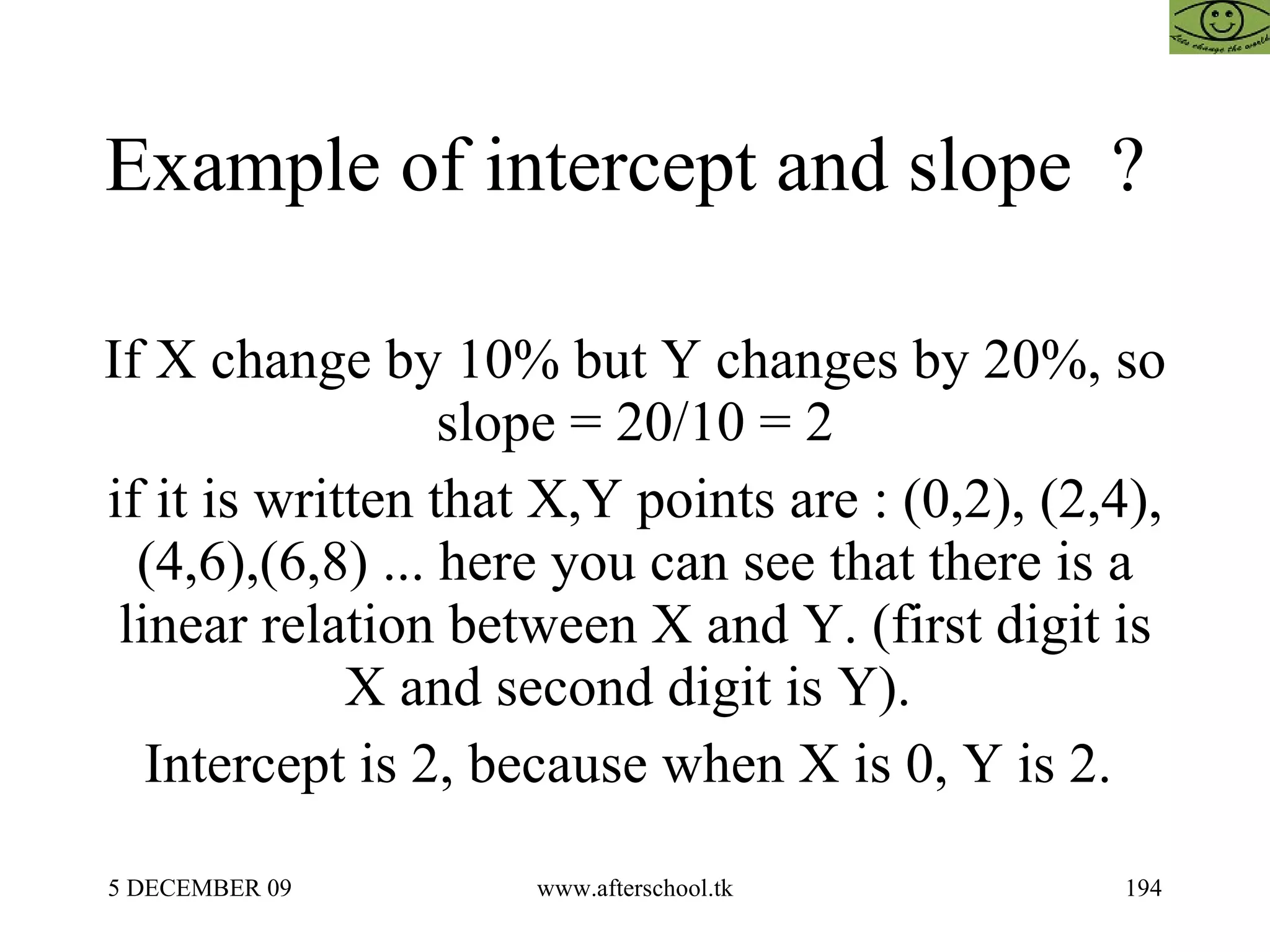Example of intercept and slope  ?  If X change by 10% but Y changes by 20%, so slope = 20/10 = 2 if it is written that X,Y points are : (0,2), (2,4),(4,6),(6,8) ... here you can see that there is a linear relation between X and Y. (first digit is X and second digit is Y).  Intercept is 2, because when X is 0, Y is 2.  