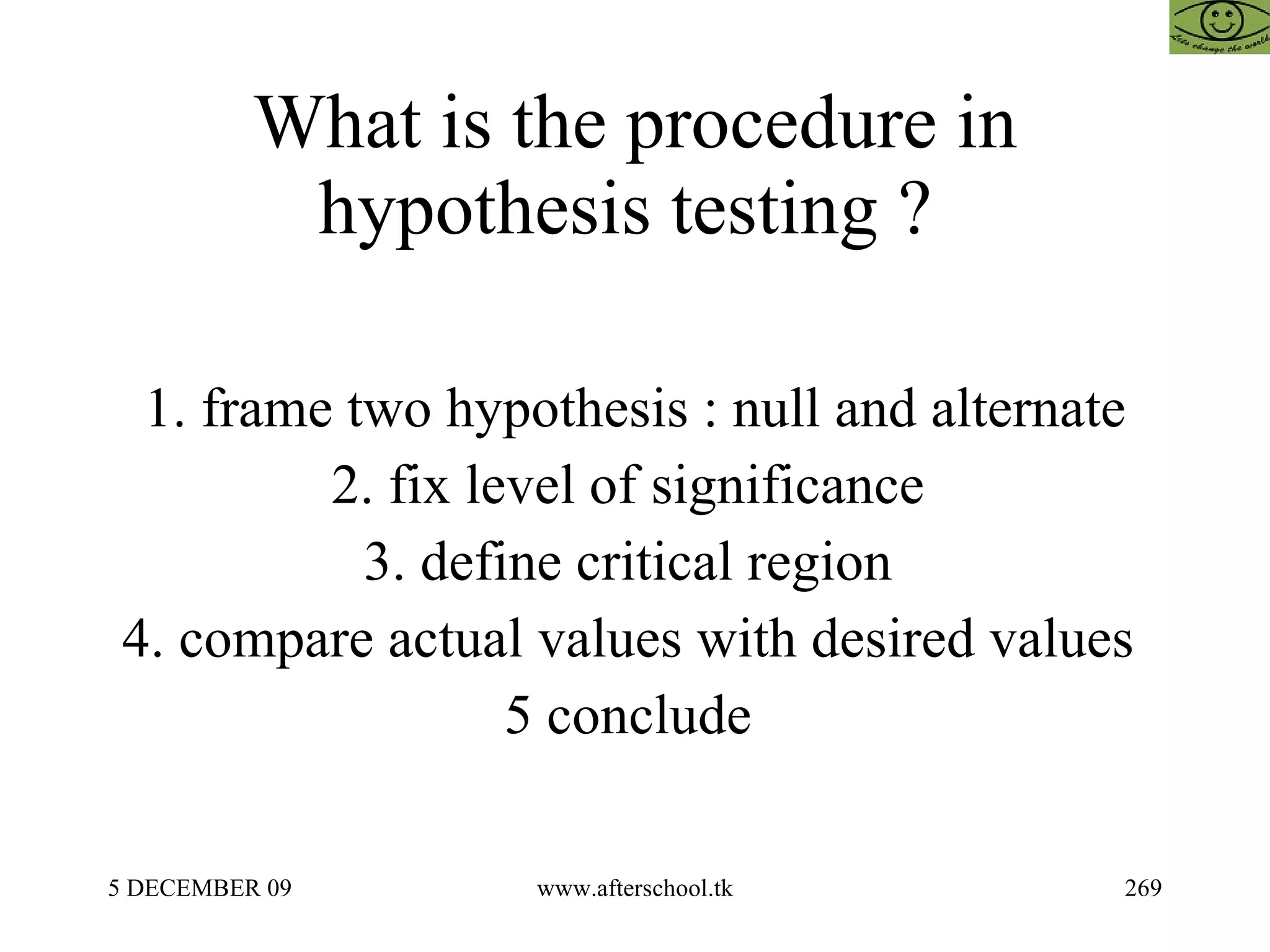 What is the procedure in hypothesis testing ?  1. frame two hypothesis : null and alternate 2. fix level of significance  3. define critical region  4. compare actual values with desired values  5 conclude  