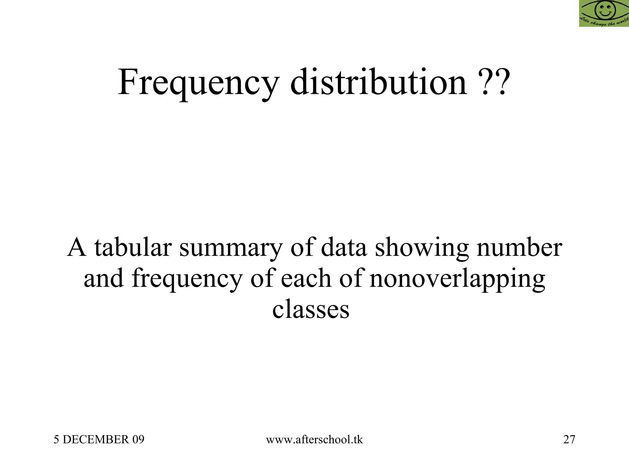 Frequency distribution ?? A tabular summary of data showing number and frequency of each of nonoverlapping classes  
