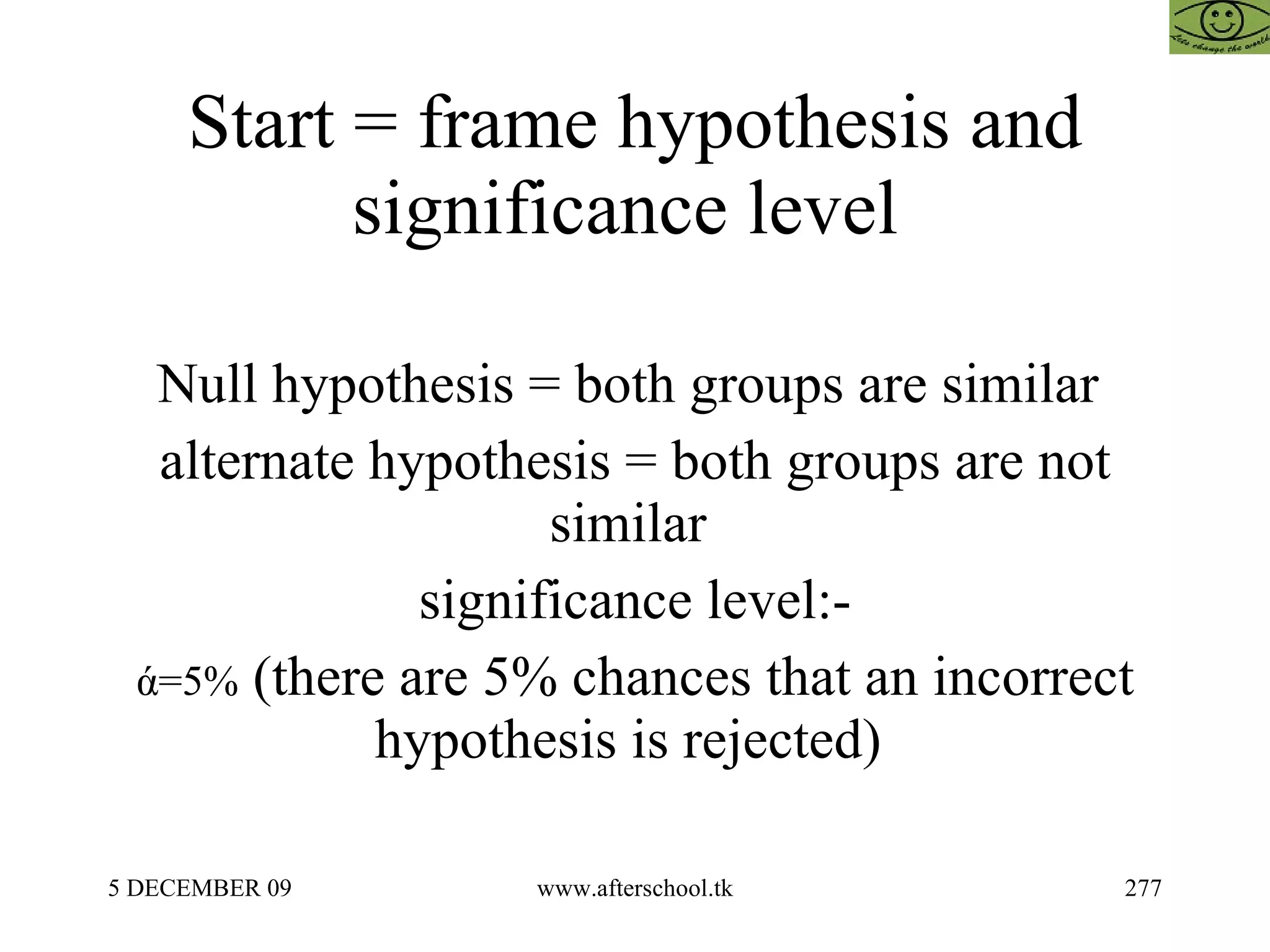 Start = frame hypothesis and significance level  Null hypothesis = both groups are similar  alternate hypothesis = both groups are not similar  significance level:- ά =5%  (there are 5% chances that an incorrect hypothesis is rejected)  