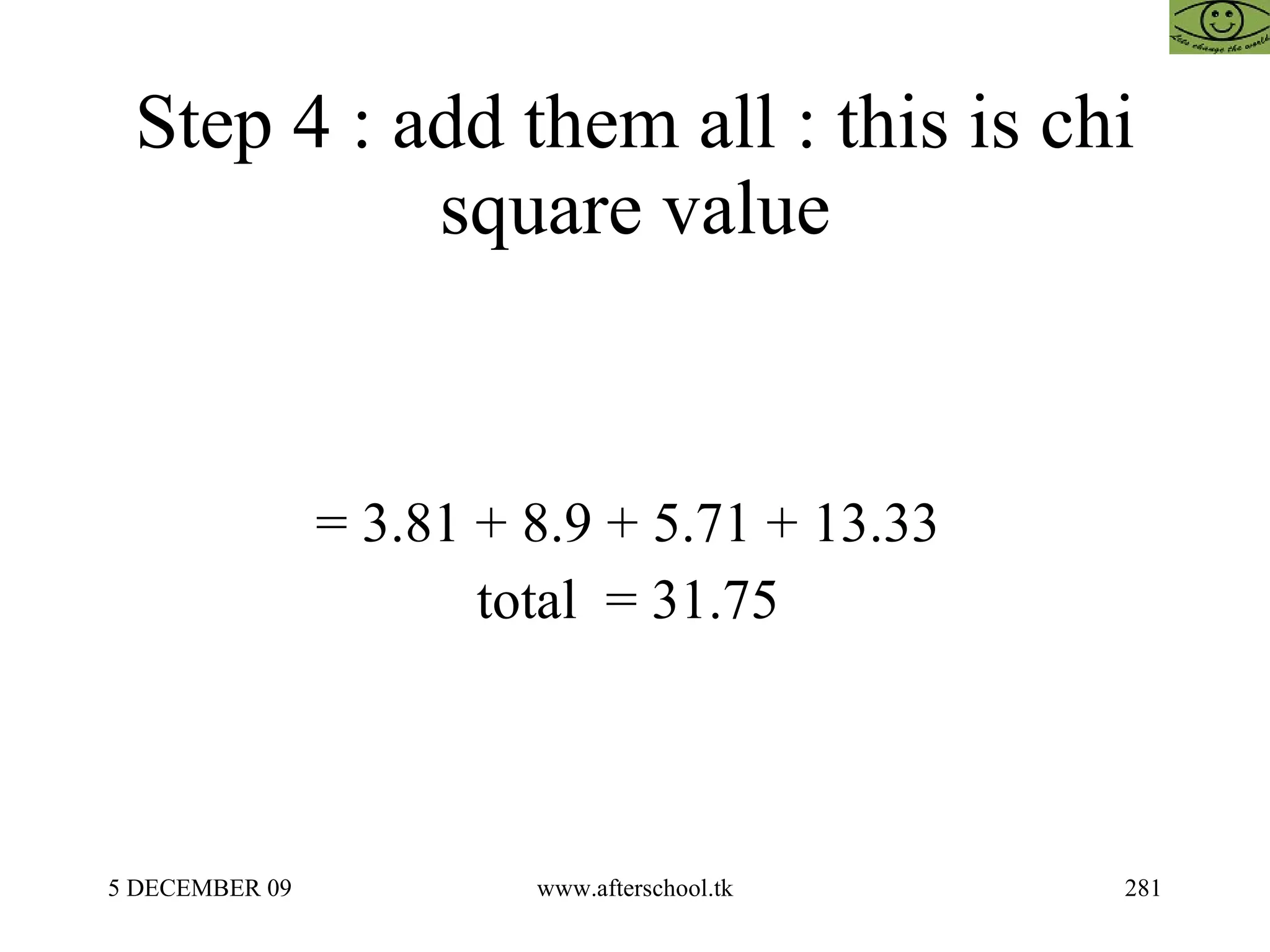Step 4 : add them all : this is chi square value = 3.81 + 8.9 + 5.71 + 13.33  total  = 31.75  