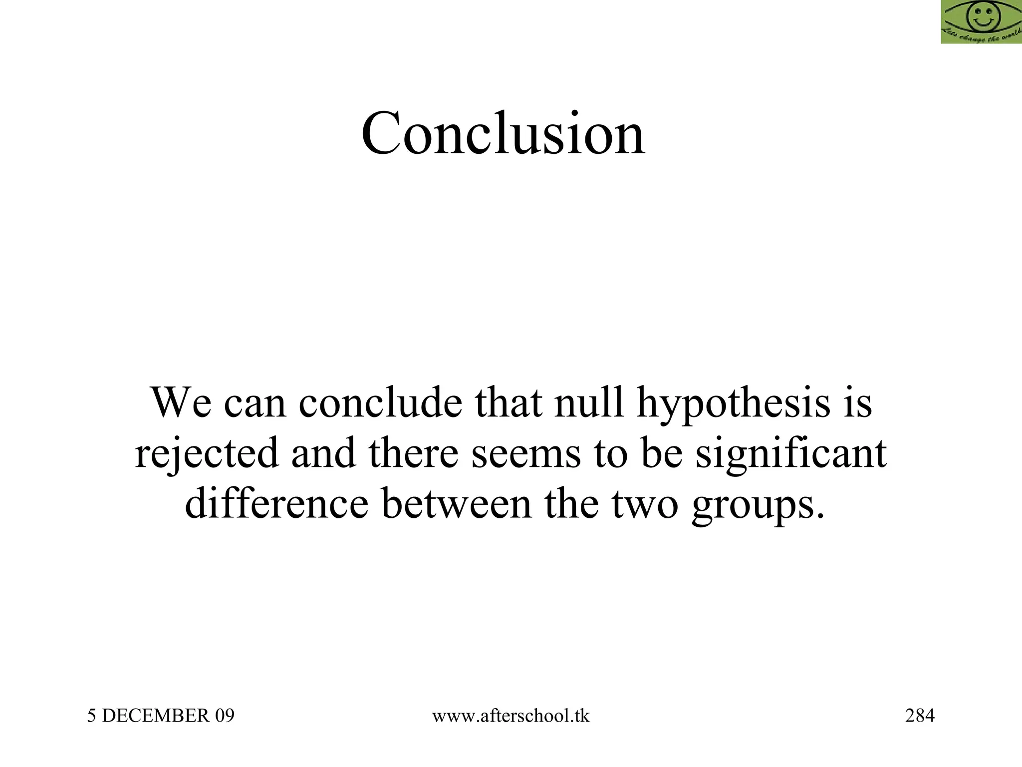Conclusion  We can conclude that null hypothesis is rejected and there seems to be significant difference between the two groups.  