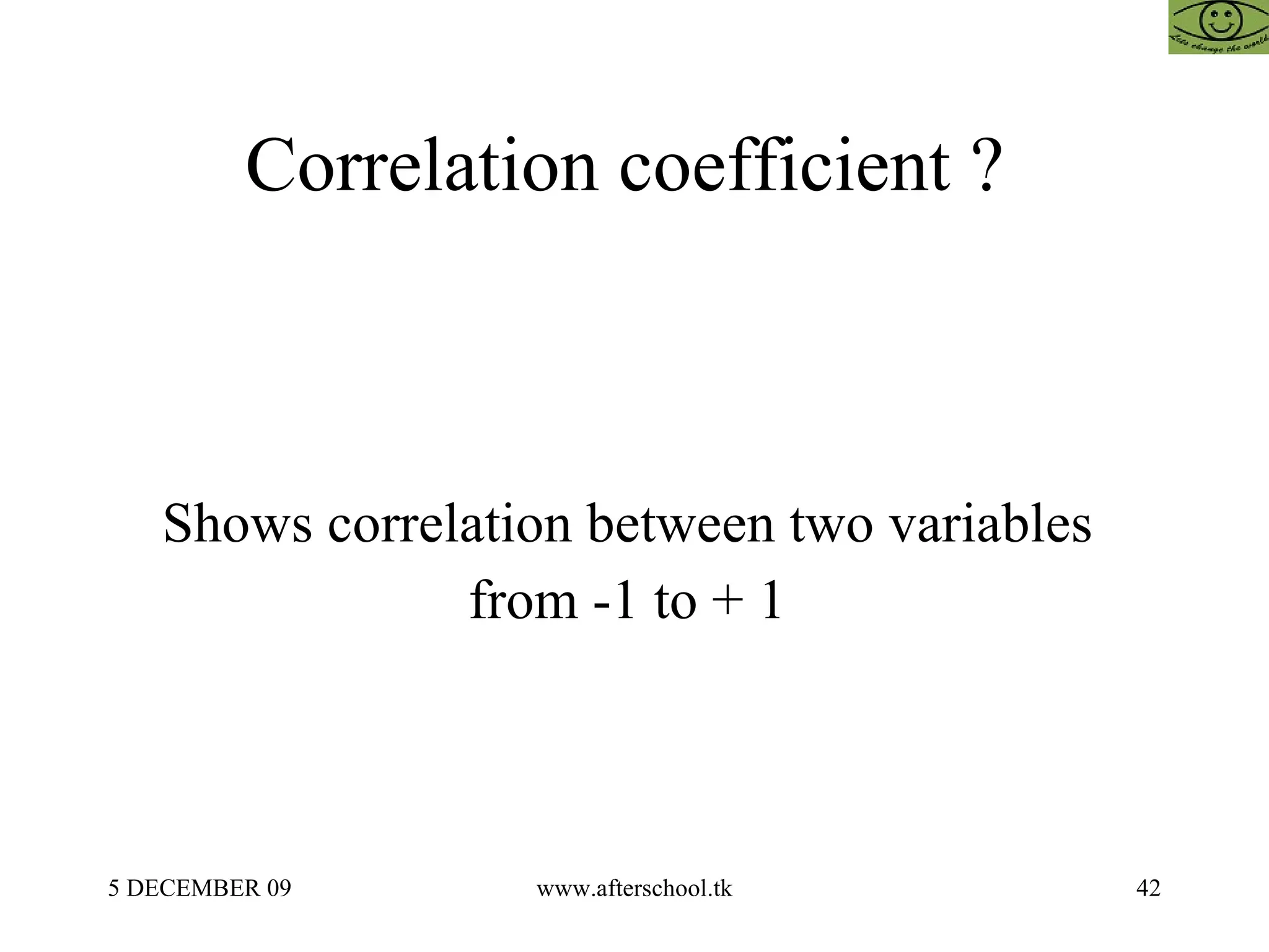 Correlation coefficient ?  Shows correlation between two variables  from -1 to + 1  