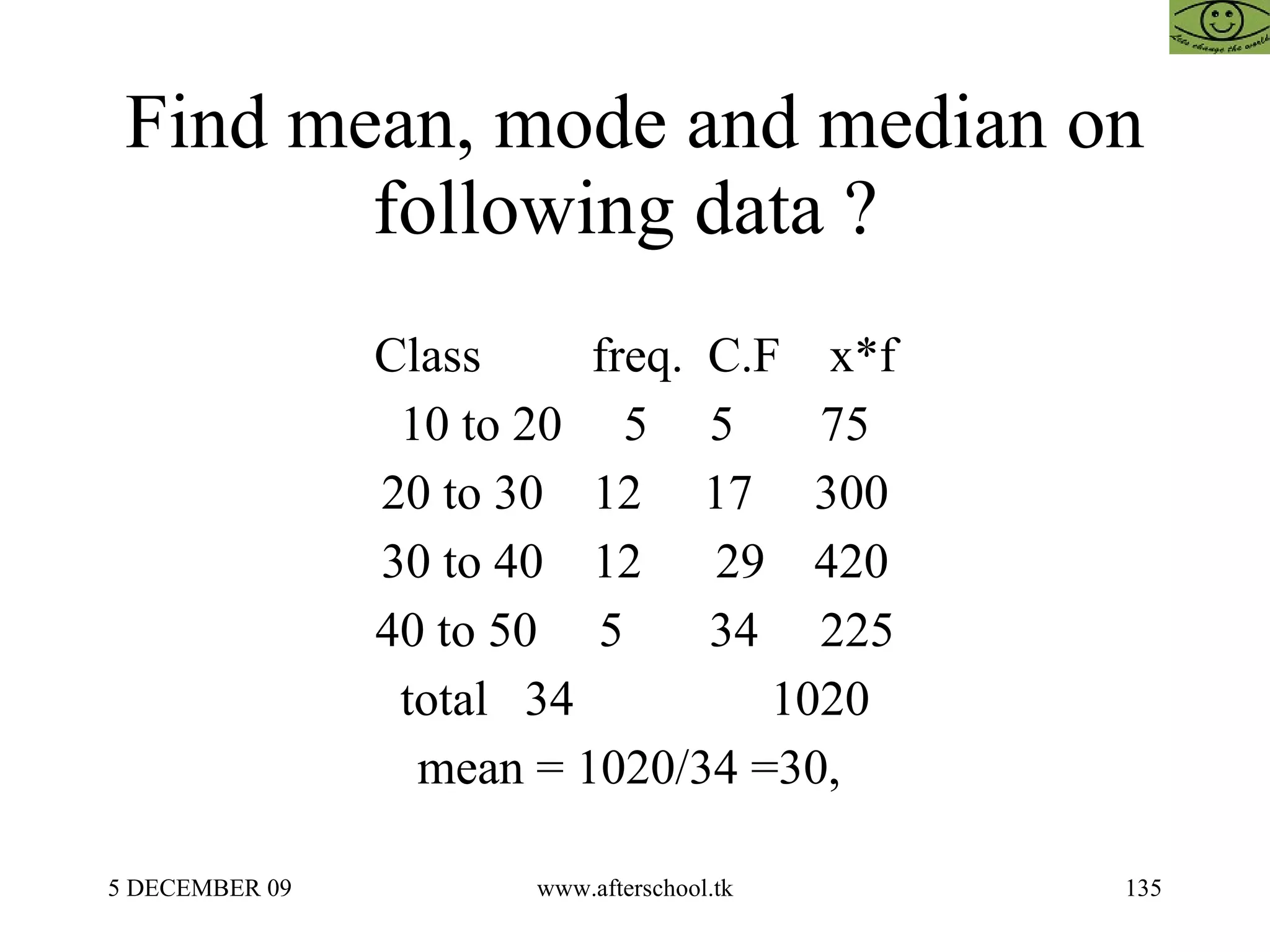 Find mean, mode and median on following data ?  Class  freq.  C.F  x*f 10 to 20  5  5  75 20 to 30  12  17  300 30 to 40  12  29  420 40 to 50  5  34  225 total  34  1020 mean = 1020/34 =30,  