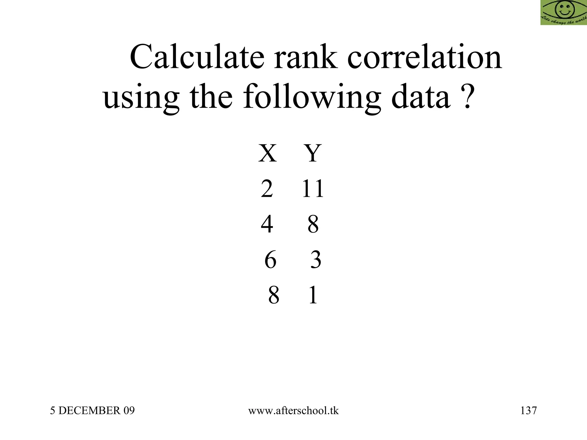 Calculate rank correlation using the following data ?  X  Y  2  11 4  8  6  3 8  1 