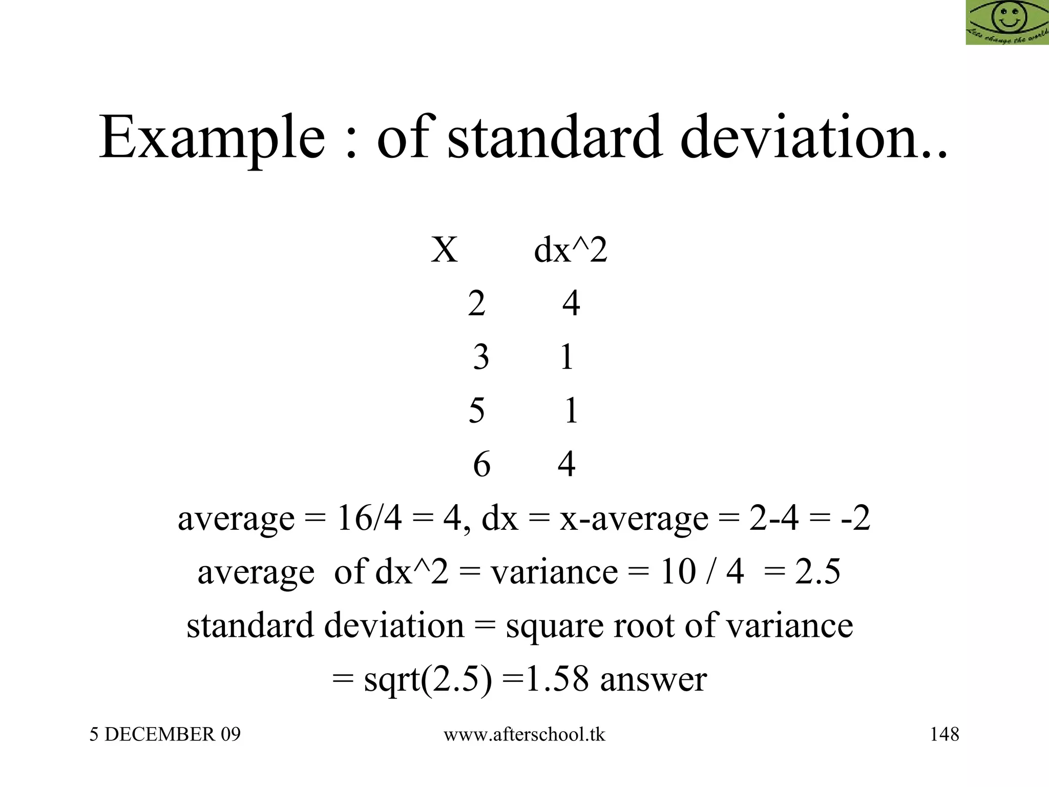 Example : of standard deviation.. X  dx^2  2  4 3  1 5  1 6  4 average = 16/4 = 4, dx = x-average = 2-4 = -2 average  of dx^2 = variance = 10 / 4  = 2.5  standard deviation = square root of variance  = sqrt(2.5) =1.58 answer  
