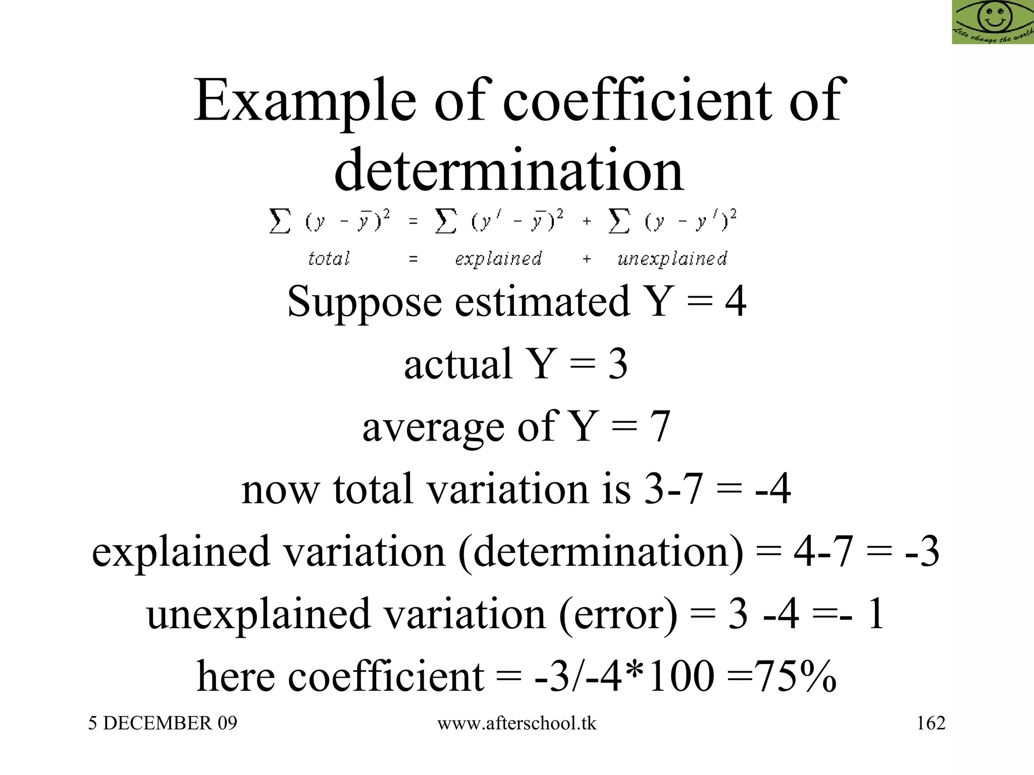Example of coefficient of determination  Suppose estimated Y = 4 actual Y = 3 average of Y = 7 now total variation is 3-7 = -4 explained variation (determination) = 4-7 = -3 unexplained variation (error) = 3 -4 =- 1 here coefficient = -3/-4*100 =75% 