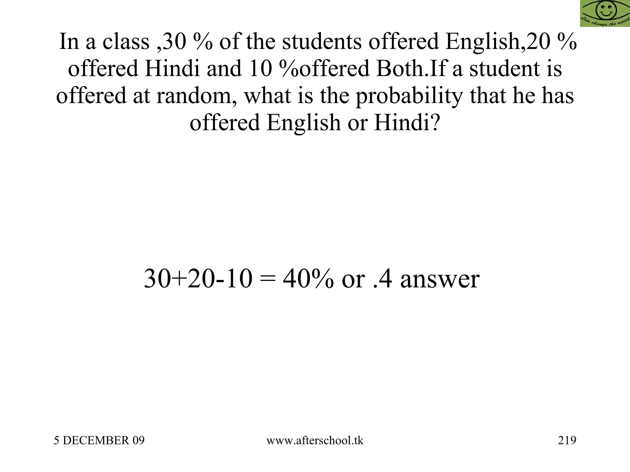 In a class ,30 % of the students offered English,20 % offered Hindi and 10 %offered Both.If a student is offered at random, what is the probability that he has offered English or Hindi? 30+20-10 = 40% or .4 answer  