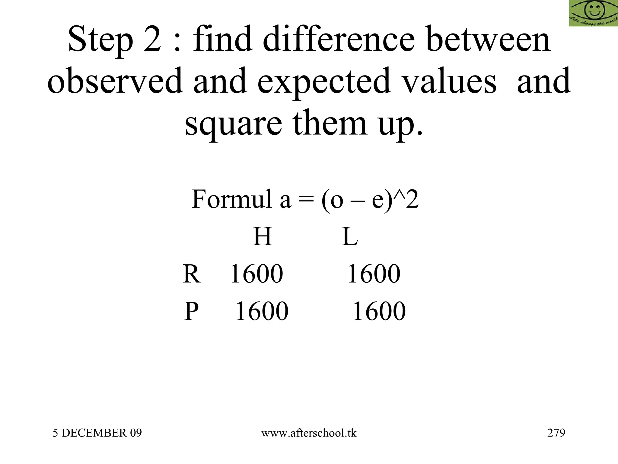 Step 2 : find difference between observed and expected values  and square them up.  Formul a = (o – e)^2  H  L  R  1600  1600  P  1600  1600  