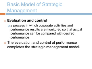 Basic Model of Strategic
Management
 Evaluation and control
 a process in which corporate activities and
performance results are monitored so that actual
performance can be compared with desired
performance
 The evaluation and control of performance
completes the strategic management model.
 