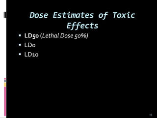 Dose Estimates of Toxic
Effects
 LD50 (Lethal Dose 50%)
 LD0
 LD10
15
 