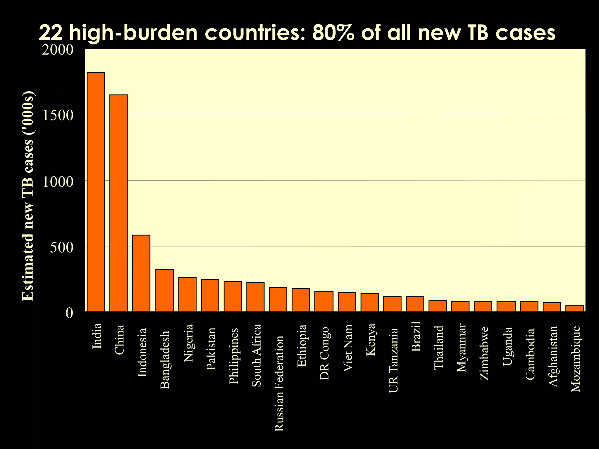 22 high-burden countries: 80% of all new TB cases 
0 
500 
1000 
1500 
2000 
India 
China 
Indonesia 
Bangladesh 
Nigeria 
Pakistan 
Philippines 
South Africa 
Russian Federation 
Ethiopia 
DR Congo 
Viet Nam 
Kenya 
UR Tanzania 
Brazil 
Thailand 
Myanmar 
Zimbabwe 
Uganda 
Cambodia 
Afghanistan 
Mozambique 
Estimated new TB cases ('000s)  