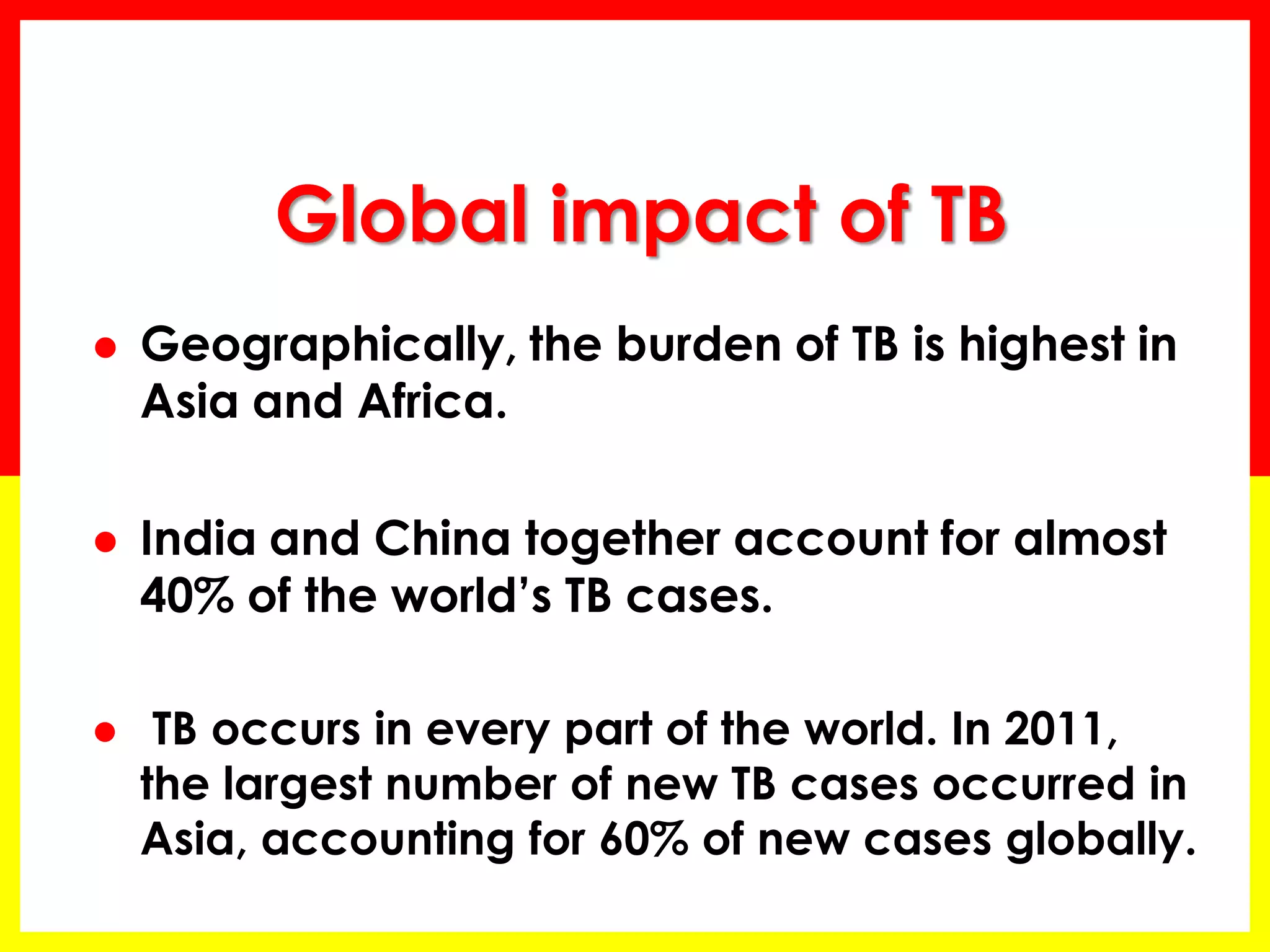 Geographically, the burden of TB is highest in Asia and Africa. 
India and China together account for almost 40% of the world’s TB cases. 
 TB occurs in every part of the world. In 2011, the largest number of new TB cases occurred in Asia, accounting for 60% of new cases globally. Global impact of TB  