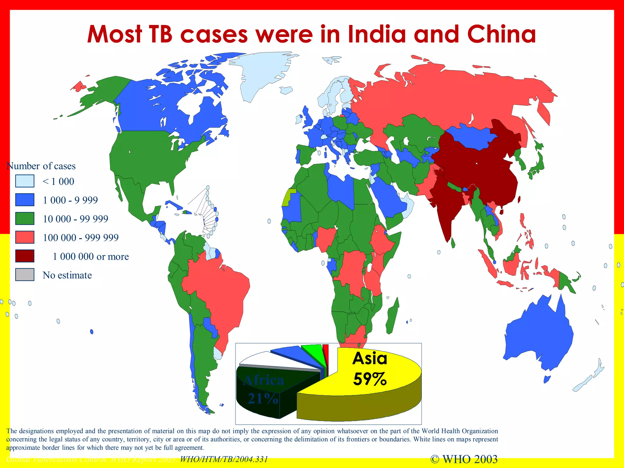 Most TB cases were in India and China 
The designations employed and the presentation of material on this map do not imply the expression of any opinion whatsoever on the part of the World Health Organization 
concerning the legal status of any country, territory, city or area or of its authorities, or concerning the delimitation of its frontiers or boundaries. White lines on maps represent 
approximate border lines for which there may not yet be full agreement. 
© WHO 2003 
10 000 - 99 999 
100 000 - 999 999 
< 1 000 
1 000 - 9 999 
No estimate 
Number of cases 
1 000 000 or more 
Asia 
Africa 59% 
21% 
Global Tuberculosis Control. WHO Report 2003. WHO/HTM/TB/2004.331 
 