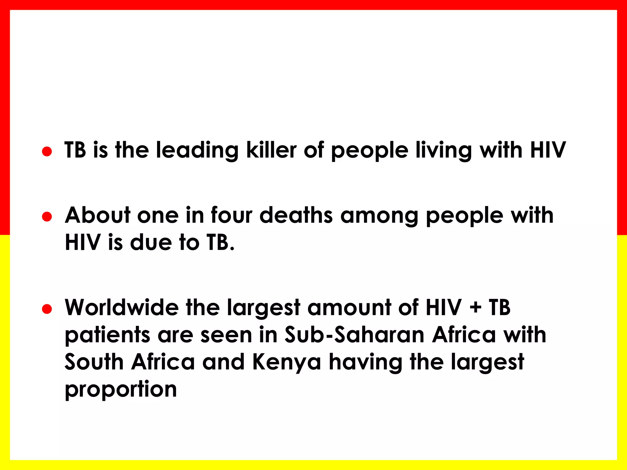 TB is the leading killer of people living with HIV 
About one in four deaths among people with HIV is due to TB. 
Worldwide the largest amount of HIV + TB patients are seen in Sub-Saharan Africa with South Africa and Kenya having the largest proportion  