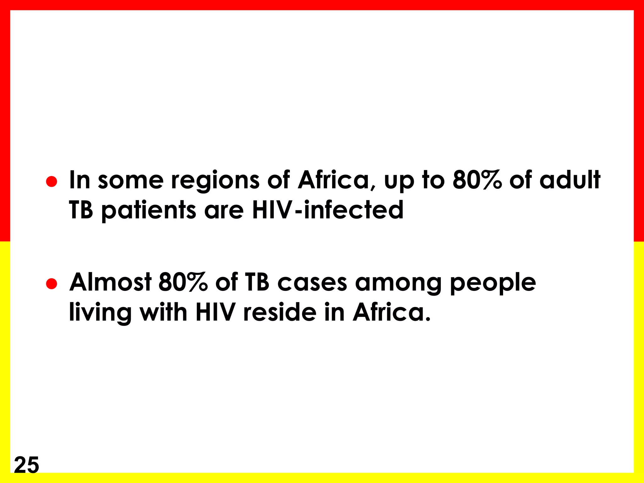 In some regions of Africa, up to 80% of adult TB patients are HIV-infected 
Almost 80% of TB cases among people living with HIV reside in Africa. 
25  