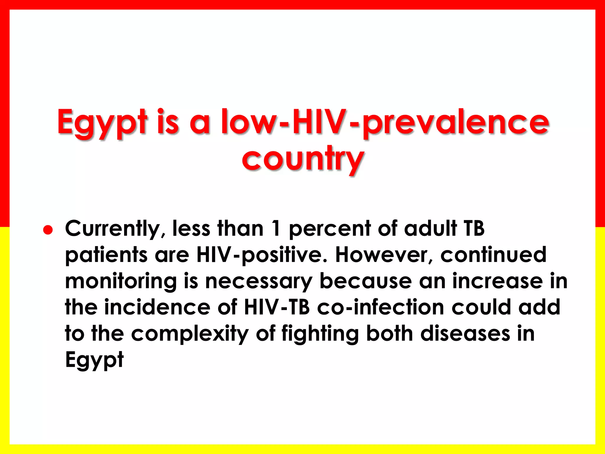 Egypt is a low-HIV-prevalence country 
Currently, less than 1 percent of adult TB patients are HIV-positive. However, continued monitoring is necessary because an increase in the incidence of HIV-TB co-infection could add to the complexity of fighting both diseases in Egypt  